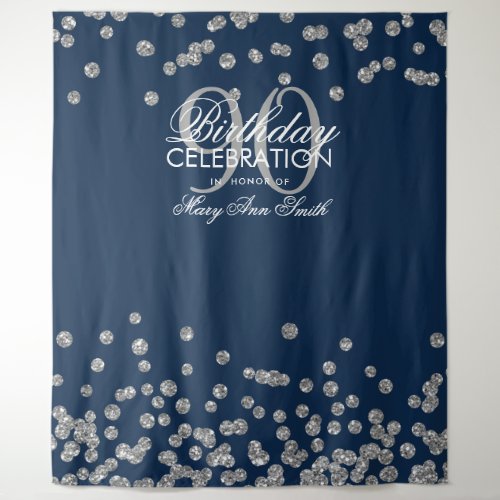 Backdrop 90th Birthday Silver Navy Blue Confetti