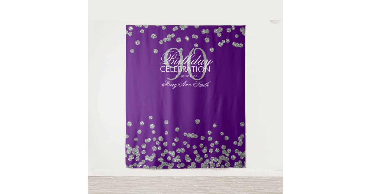 Backdrop 90th Birthday Silver Purple Confetti | Zazzle.com
