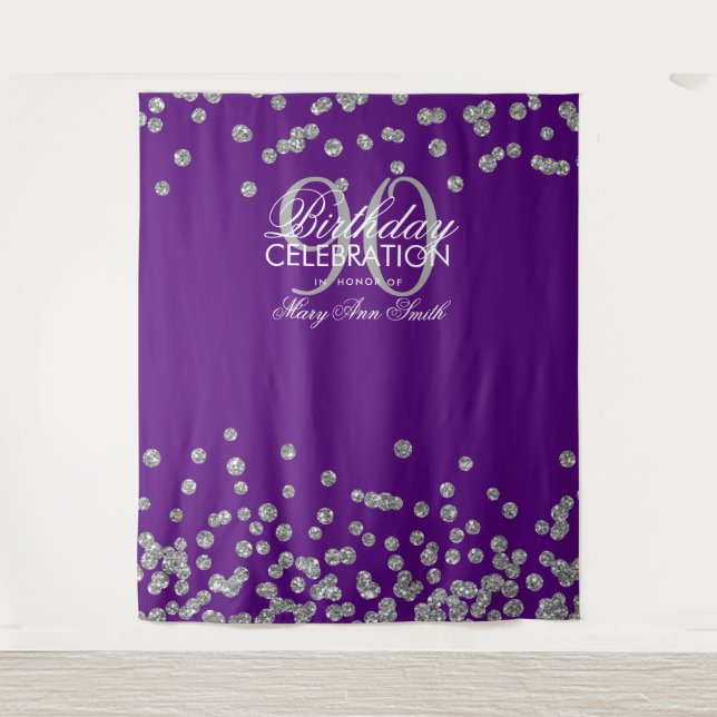 Backdrop 90th Birthday Silver Purple Confetti (Front)