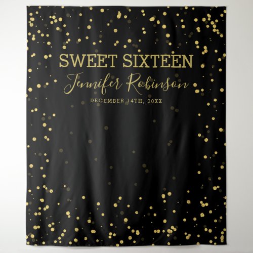 Backdrop Banner Sweet 16 Gold  Black Glitter Dots