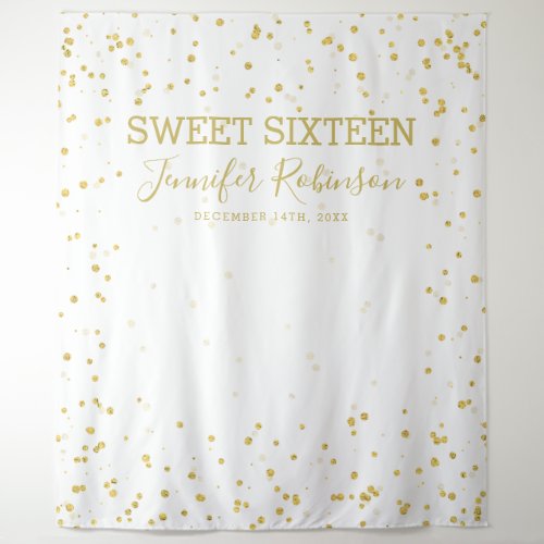 Backdrop Banner Sweet 16 Gold  White Glitter Dots
