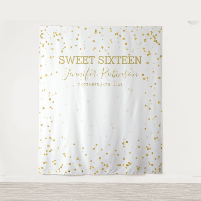 Backdrop Banner Sweet 16 Gold & White Glitter Dots (Front)