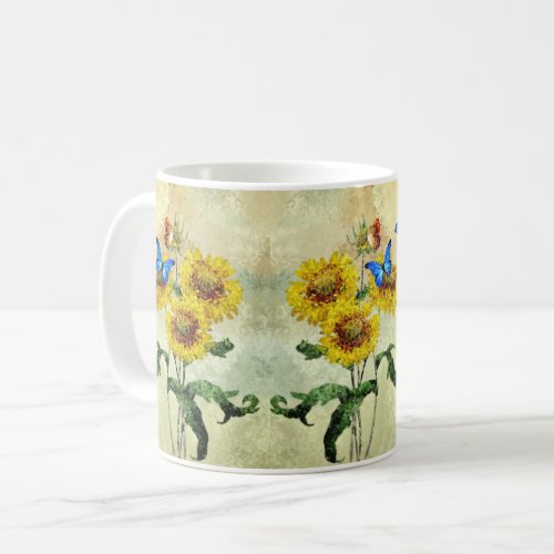 Backdrop Blue Butterfly Yellow Sunflower Floral Coffee Mug
