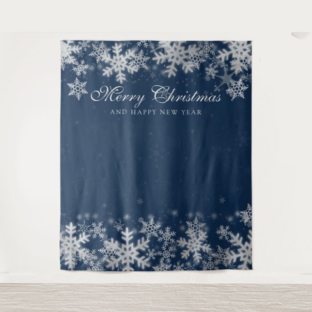 Backdrop Christmas Holiday Silver Snowflakes Navy (Front)