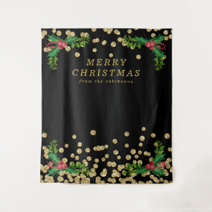 Backdrop Gold Black Merry Christmas Holly Glitter
