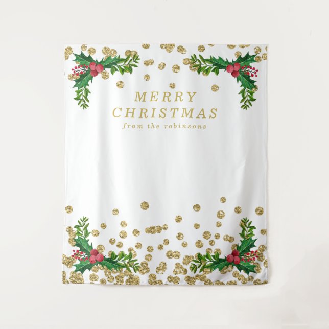 Backdrop Gold Red Merry Christmas Holly Glitter (Front)