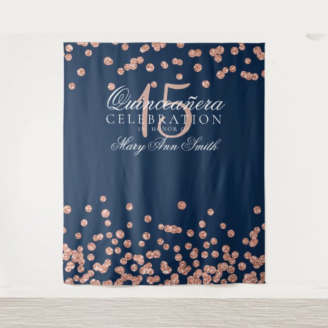Backdrop Quinceanera Party Rose Gold Navy Confetti (Front)