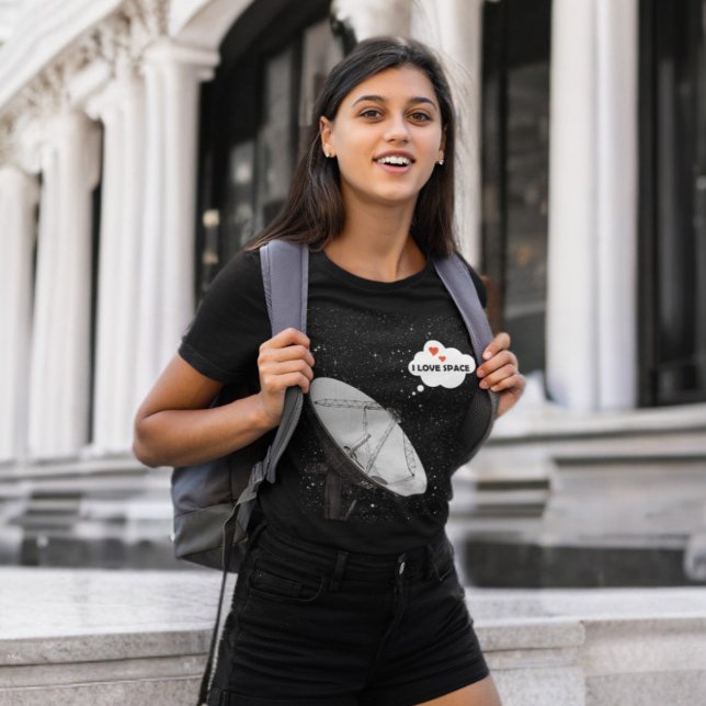 Backdrop Stars Radiotelescope Phrase I LOVE SPACE T-Shirt (radio telescope i love space t-shirt mockup featuring a smiling college girl)