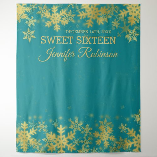 Backdrop Sweet 16 Gold Winter Snowflakes Teal