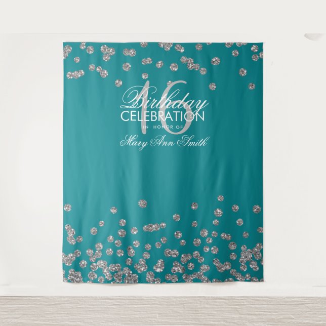 Backdrop Sweet 16 Teal Silver Glitter Confetti (Front)