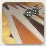 Backgammon Coasters<br><div class="desc">Cropped photograph of a brown,  orange and tan backgammon board with checkers and dice.</div>