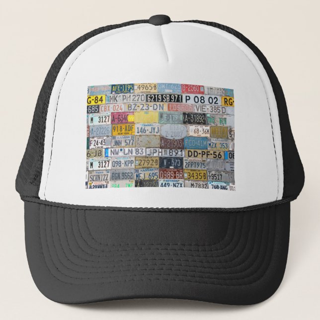 Background filled with various license plates.JPG Trucker Hat (Front)
