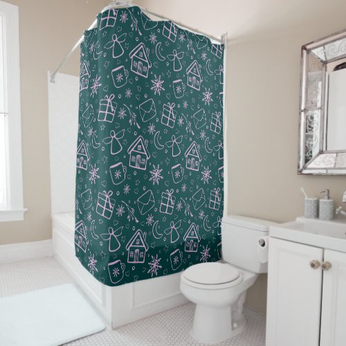 Background House Card Christmas Celebration Green  Shower Curtain