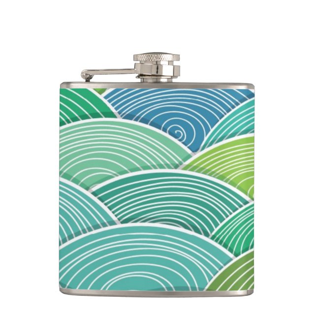 Background of curled abstract green waves hip flask (Front)