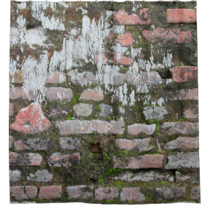Background of old orange and gray bricks, part of shower curtain