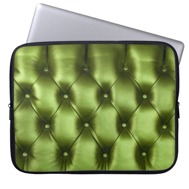 Background texture of dark green capitone genuine  laptop sleeve (Front)