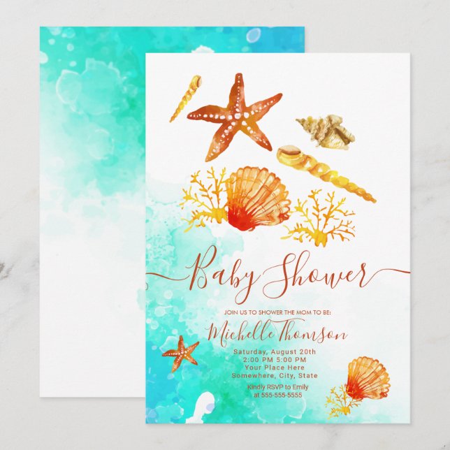 Background tropical beach aquarelae blue summer invitation (Front/Back)