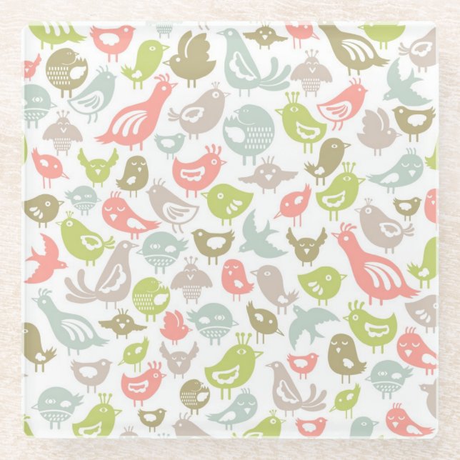 background with colorful birds ornament glass coaster (Front)