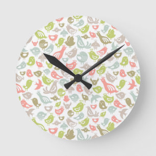 background with colorful birds ornament round clock