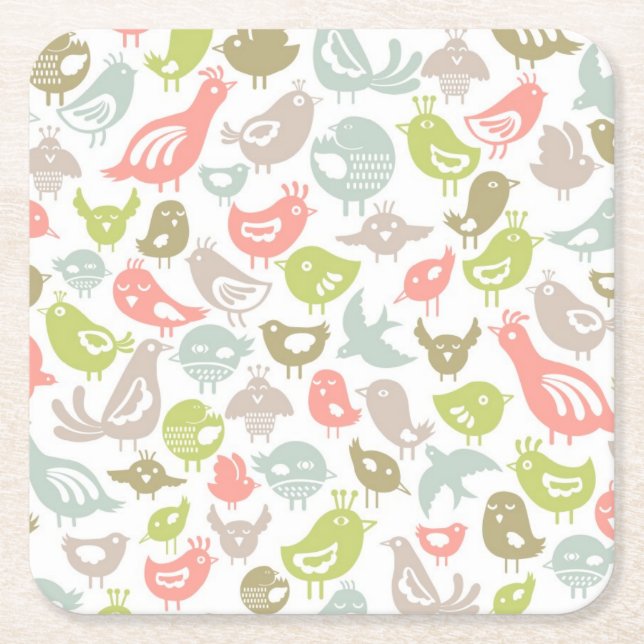 background with colorful birds ornament square paper coaster (Front)