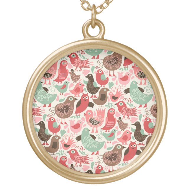 background with cute birds gold plated necklace (Front)