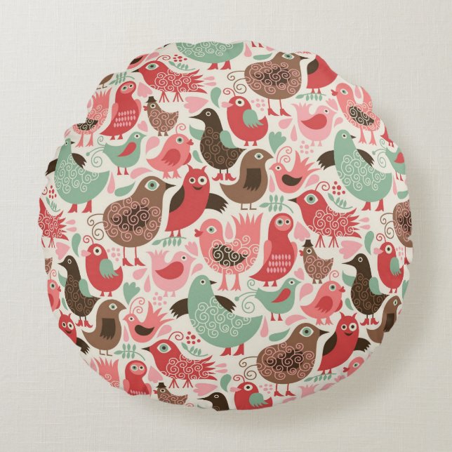 background with cute birds round pillow (Front)