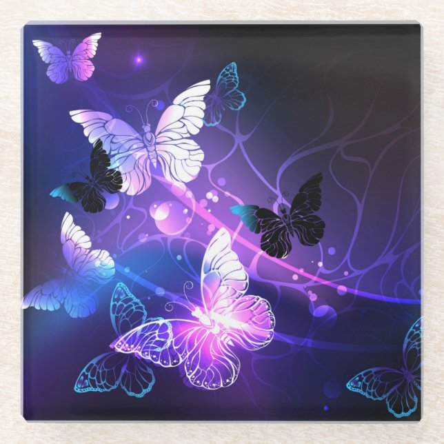 Background with Night Butterflies Glass Coaster (Front)