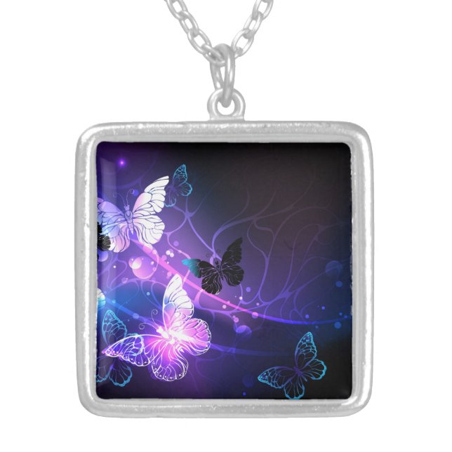 Background with Night Butterflies Silver Plated Necklace (Front)