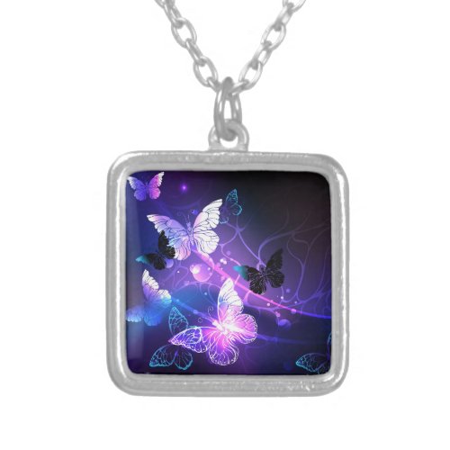 Background with Night Butterflies Silver Plated Necklace