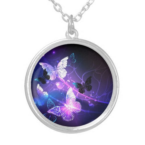 Background with Night Butterflies Silver Plated Necklace