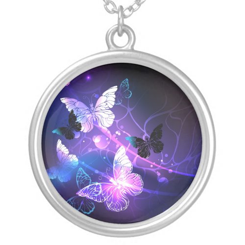 Background with Night Butterflies Silver Plated Necklace
