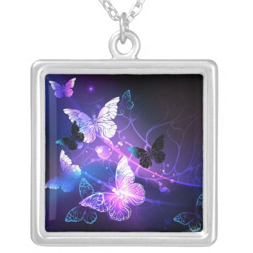 Background with Night Butterflies Silver Plated Necklace