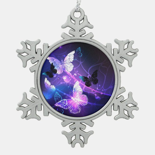 Background with Night Butterflies Snowflake Pewter Christmas Ornament (Front)