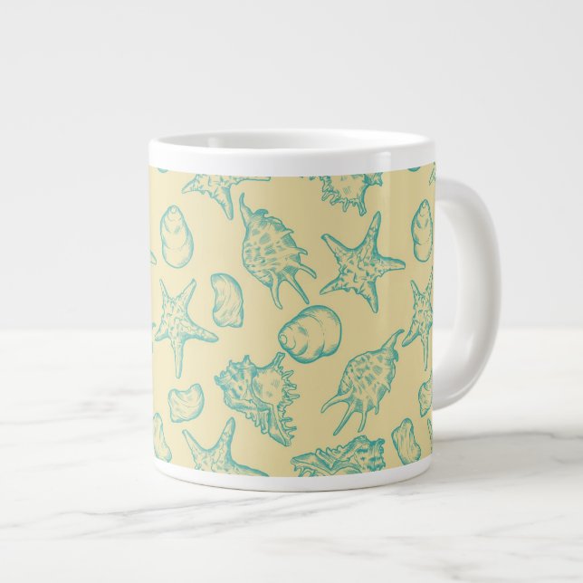Background with shells. Hand drawn Large Coffee Mug (Front Right)