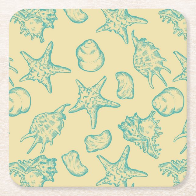 Background with shells. Hand drawn Square Paper Coaster (Front)