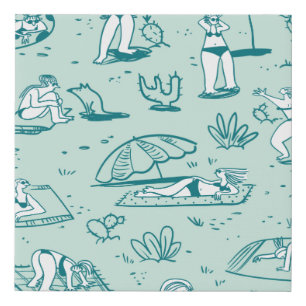 Background with summer beach girls. Seamless patte Faux Canvas Print