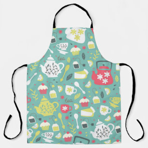 Background with Teapots, Cups, Lemon, Flowers a Apron