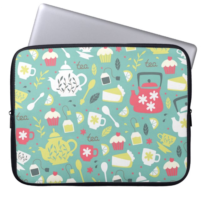 Background with Teapots,  Cups,  Lemon,  Flowers a Laptop Sleeve (Front)