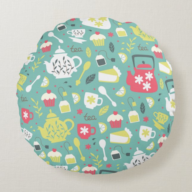 Background with Teapots,  Cups,  Lemon,  Flowers a Round Pillow (Front)