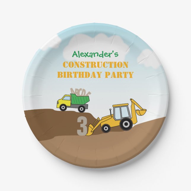 Backhoe and Dump Truck Boy's Birthday Party Paper Plates (Front)
