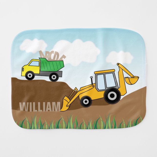 Backhoe and Dump Truck Boys Burp Cloth (Front Horizontal)