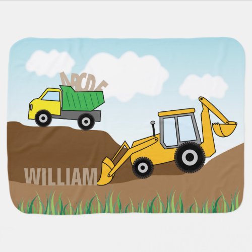 Backhoe and Dump Truck Personalized Boys Swaddle Blanket