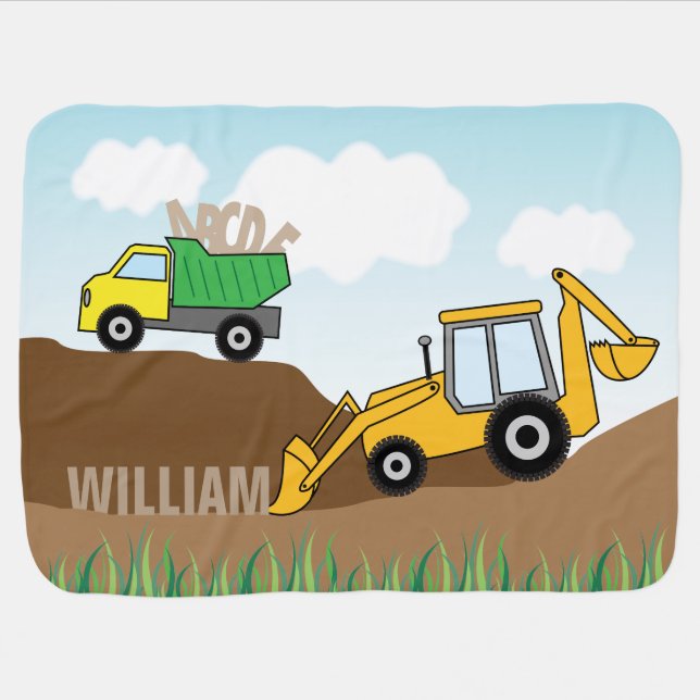 Backhoe and Dump Truck Personalized Boys Swaddle Blanket (Horizontal)