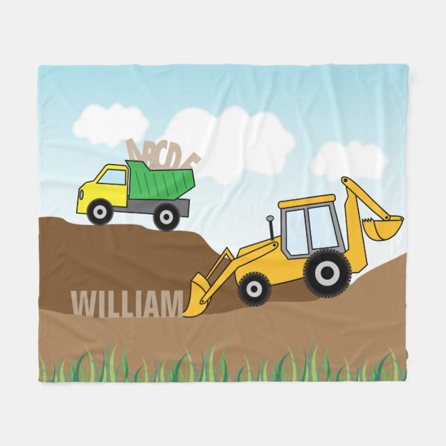 Backhoe and Dump Truck Personalized Fleece Blanket (Front (Horizontal))