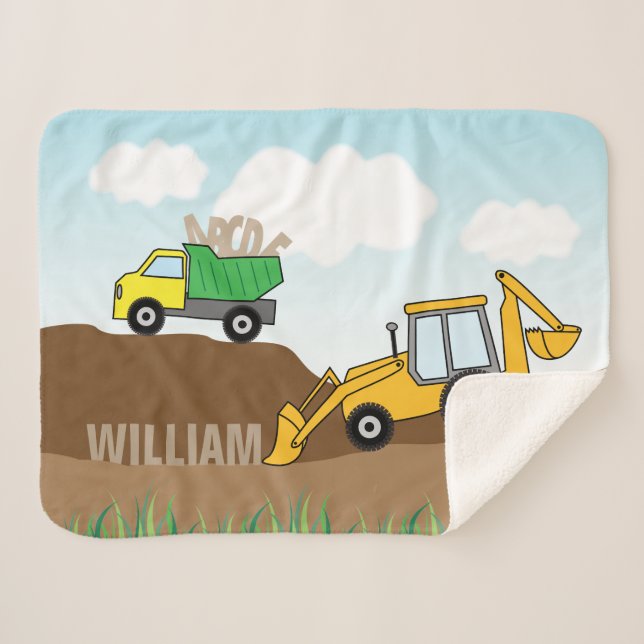 Backhoe and Dump Truck Personalized Sherpa Blanket (Front (Horizontal))