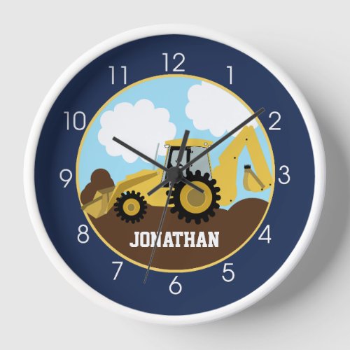 Backhoe Construction Navy Blue Boys Kids Wall Clock