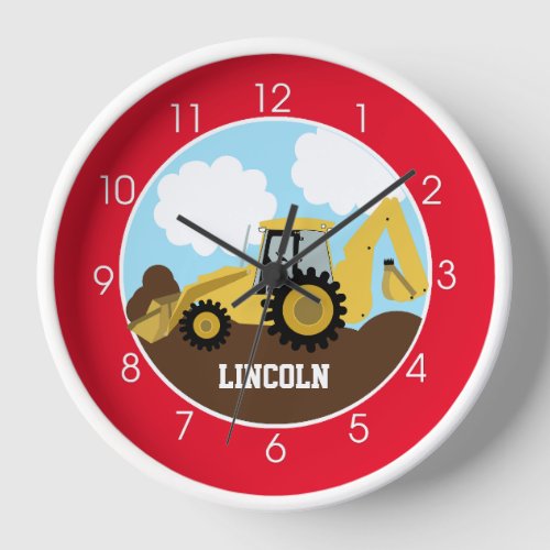 Backhoe Construction Primary Red Boys Kids Wall   Clock