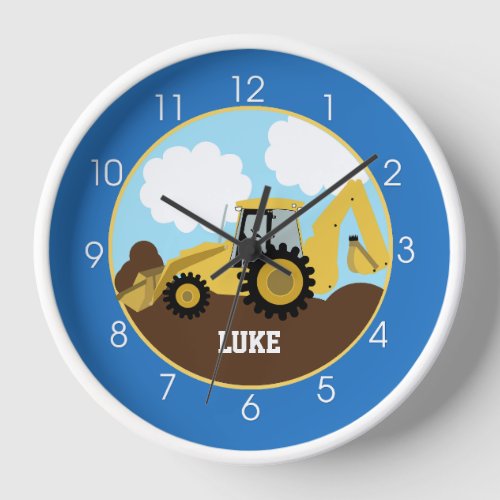 Backhoe Construction Royal Blue Boys Kids Wall  Clock