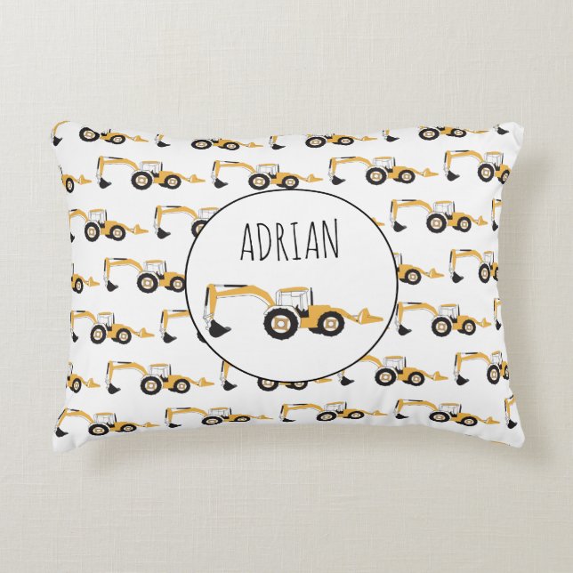 Backhoe Construction Truck Custom Name Accent Pillow (Front)