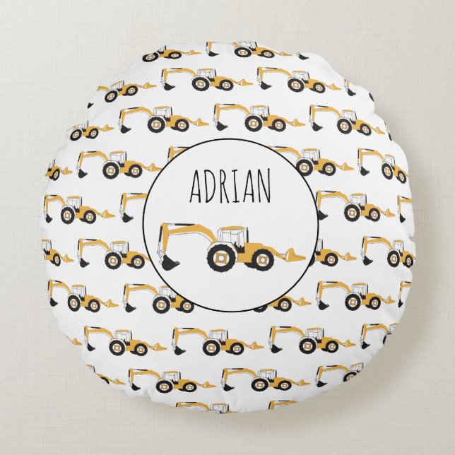 Backhoe Construction Truck Custom Name Round Pillow (Front)